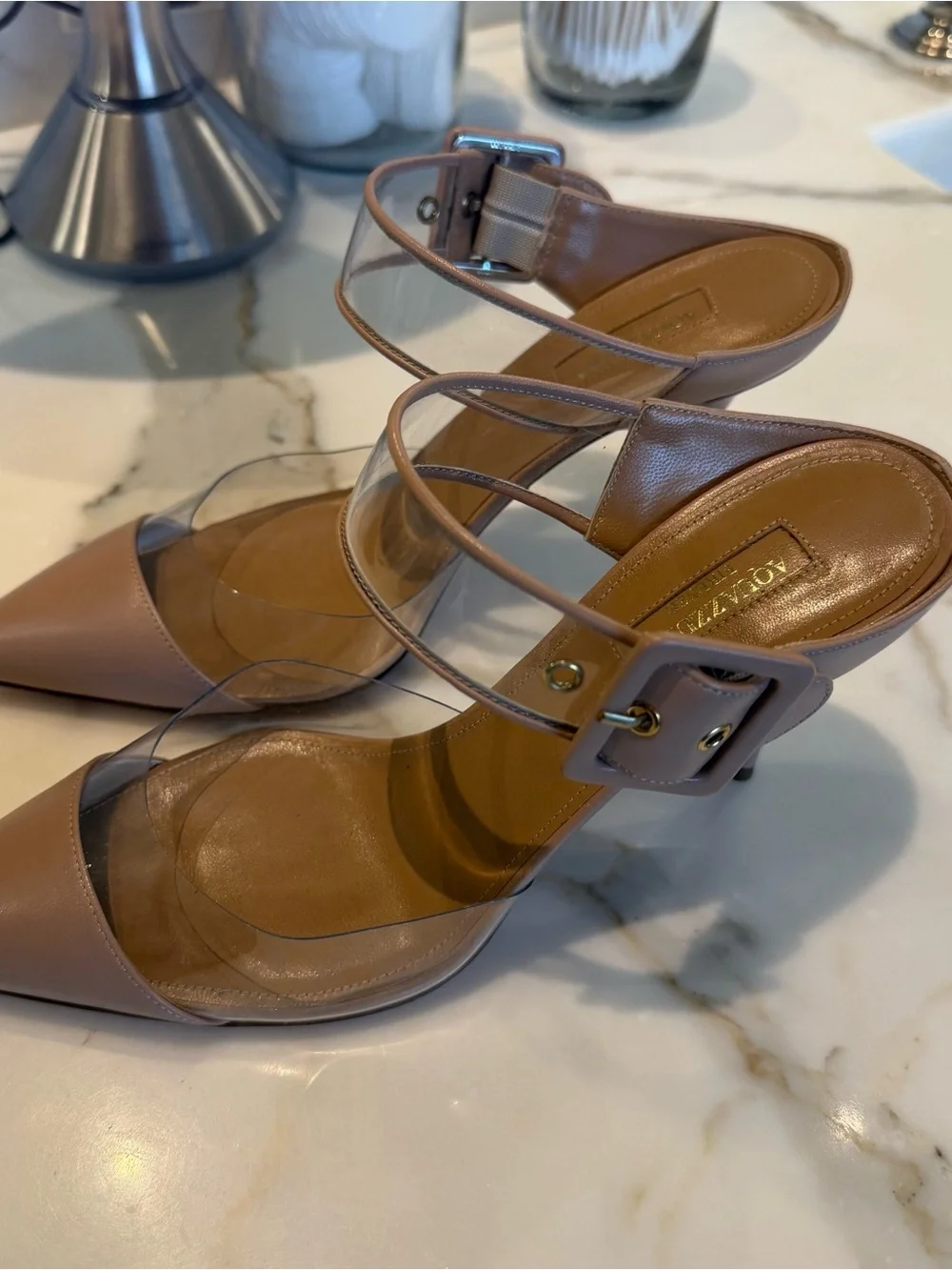Aquazzura Tan Clear PVC Pointed Ankle-Strap Pumps - Picture 4 of 5
